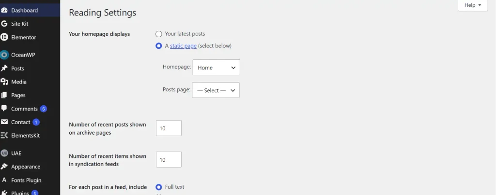 Changing reading settings in WordPress